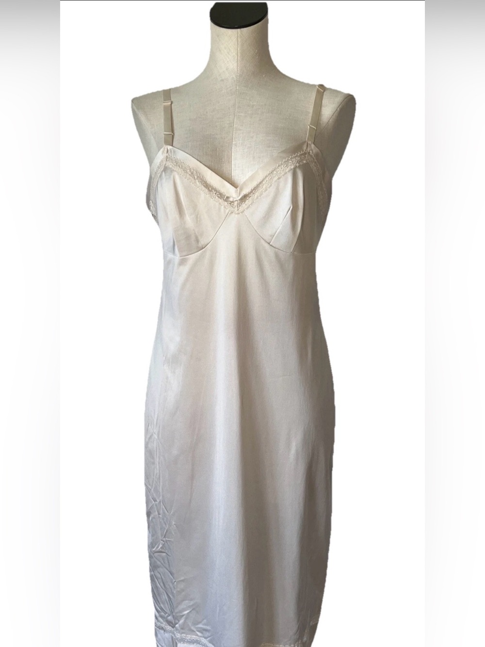 Vintage Lorraine Full Slip Dress 36 tall Nylon Nightgown Champagne Lace USA